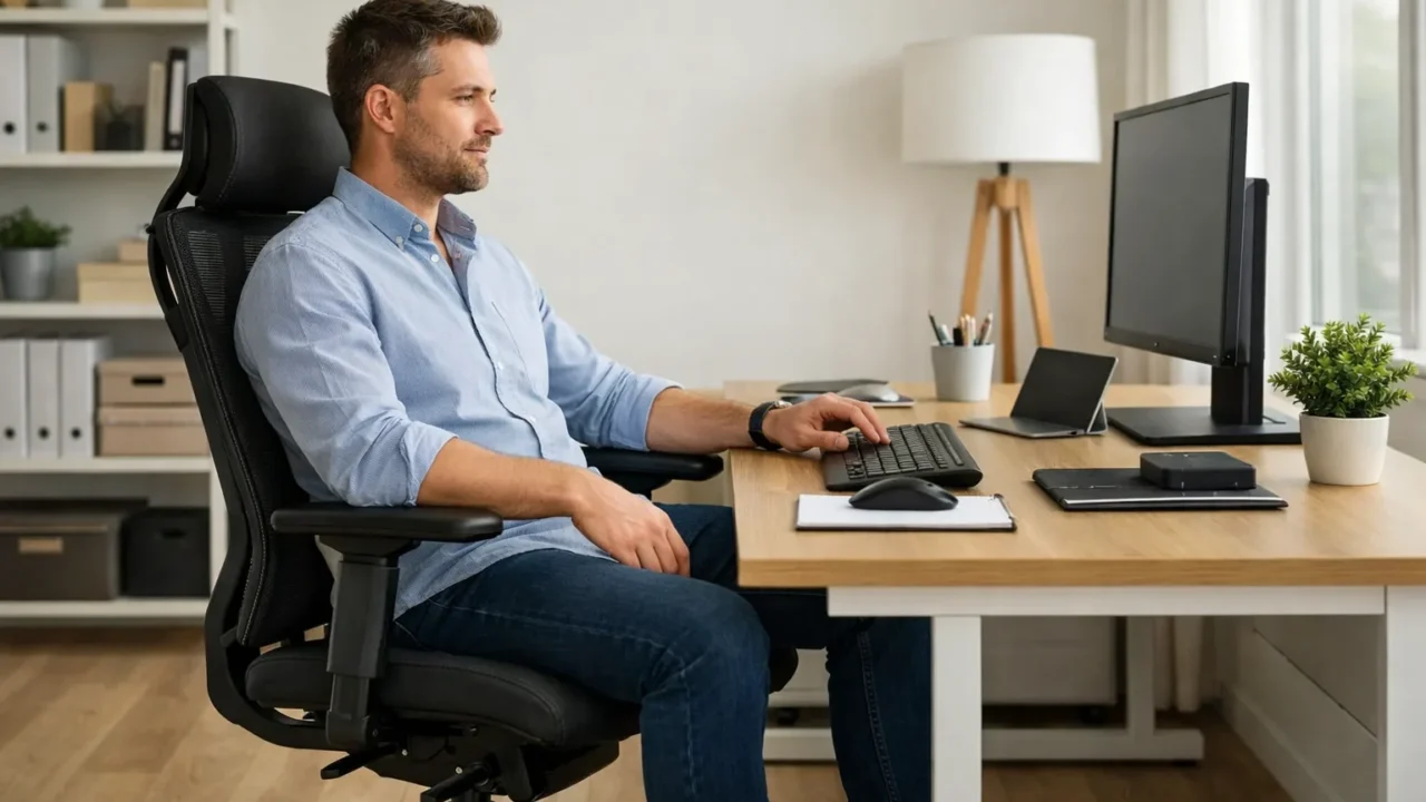 Une personne de grande taille assise à un bureau dans un fauteuil à dossier haut, les pieds posés au sol.