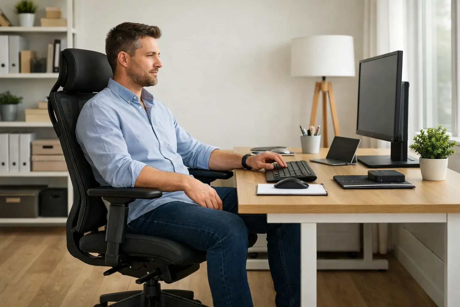Une personne de grande taille assise à un bureau dans un fauteuil à dossier haut, les pieds posés au sol.