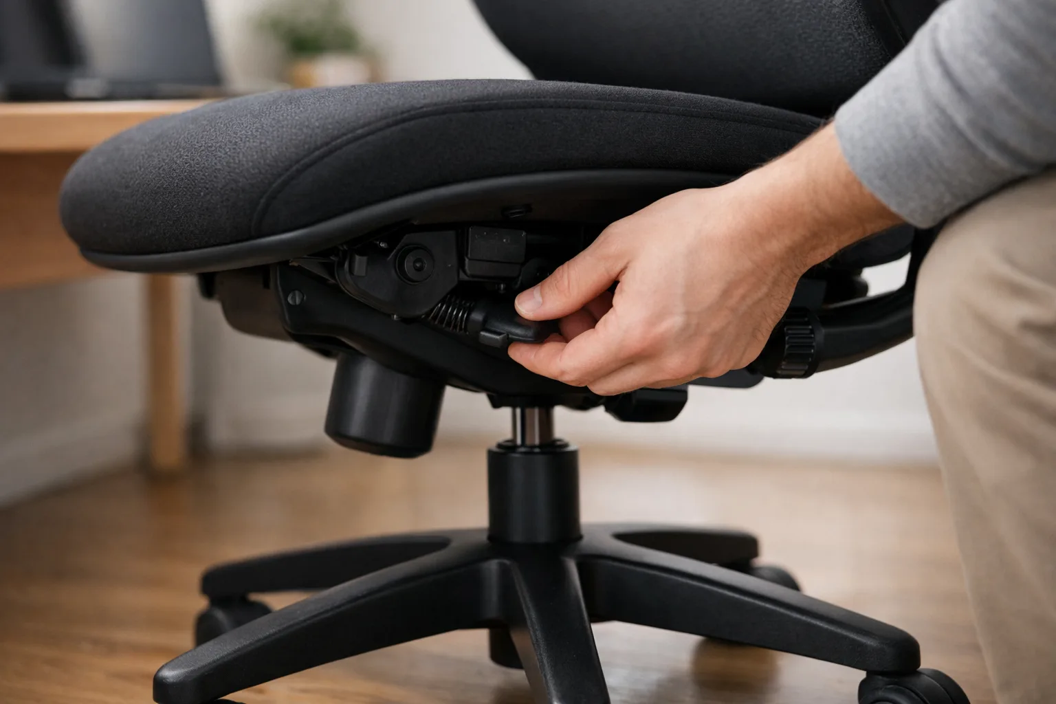 Main ajustant le mécanisme sous l’assise d’une chaise de bureau pivotante près d’un sol lisse.