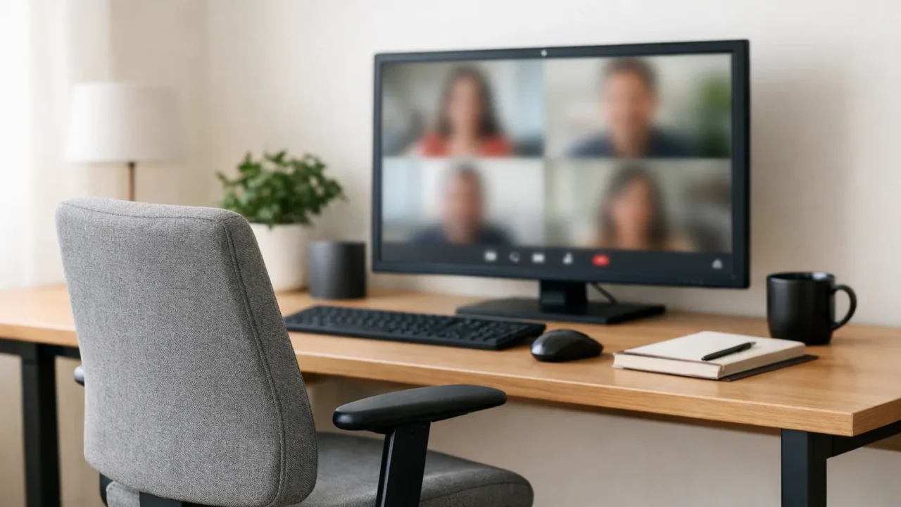 Fauteuil de bureau à dossier moyen placé devant un écran dans un espace de télétravail lumineux.