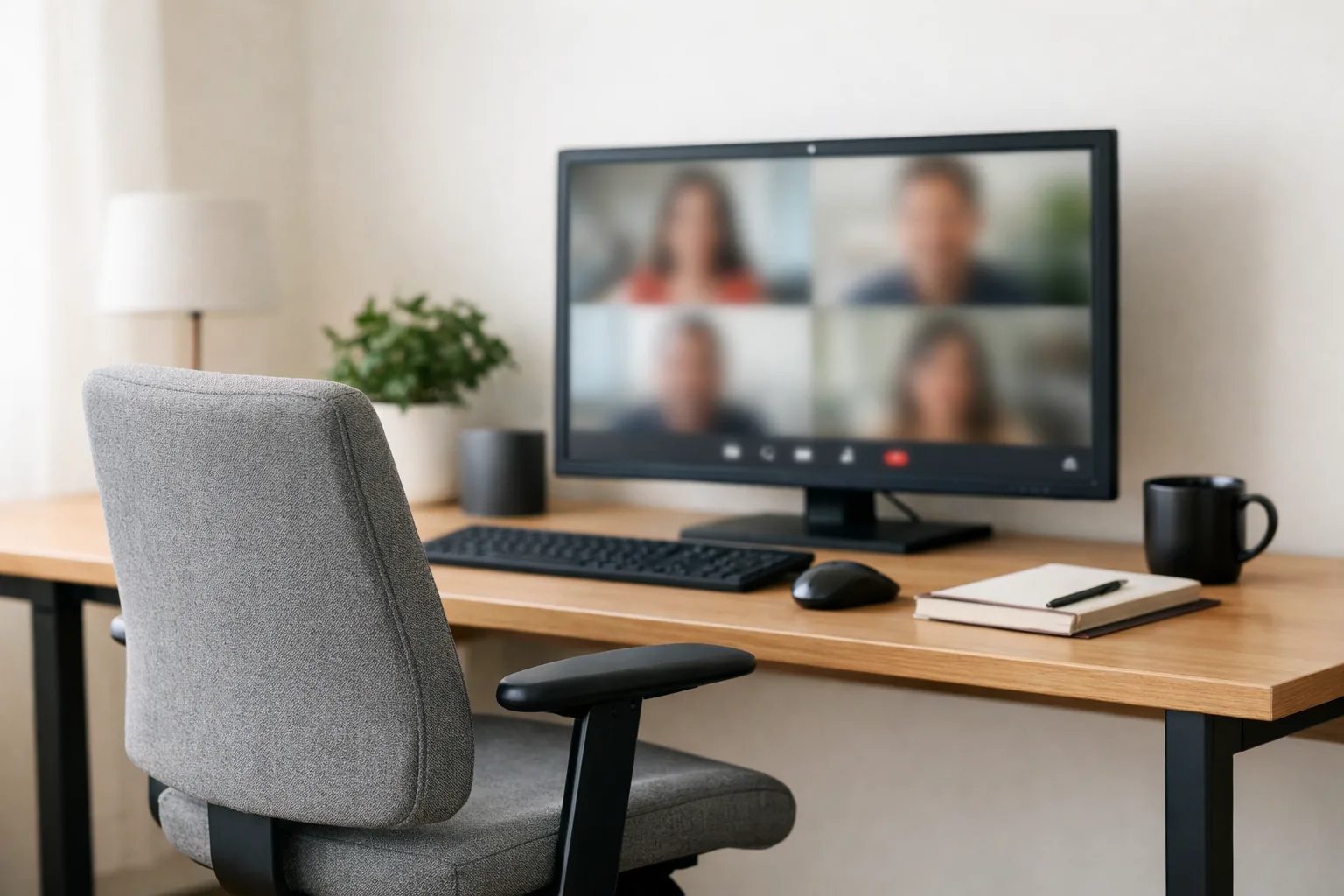 Fauteuil de bureau à dossier moyen placé devant un écran dans un espace de télétravail lumineux.