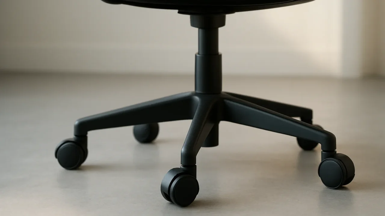 Roulettes d’un fauteuil de bureau posées sur un sol dur, près du piètement.
