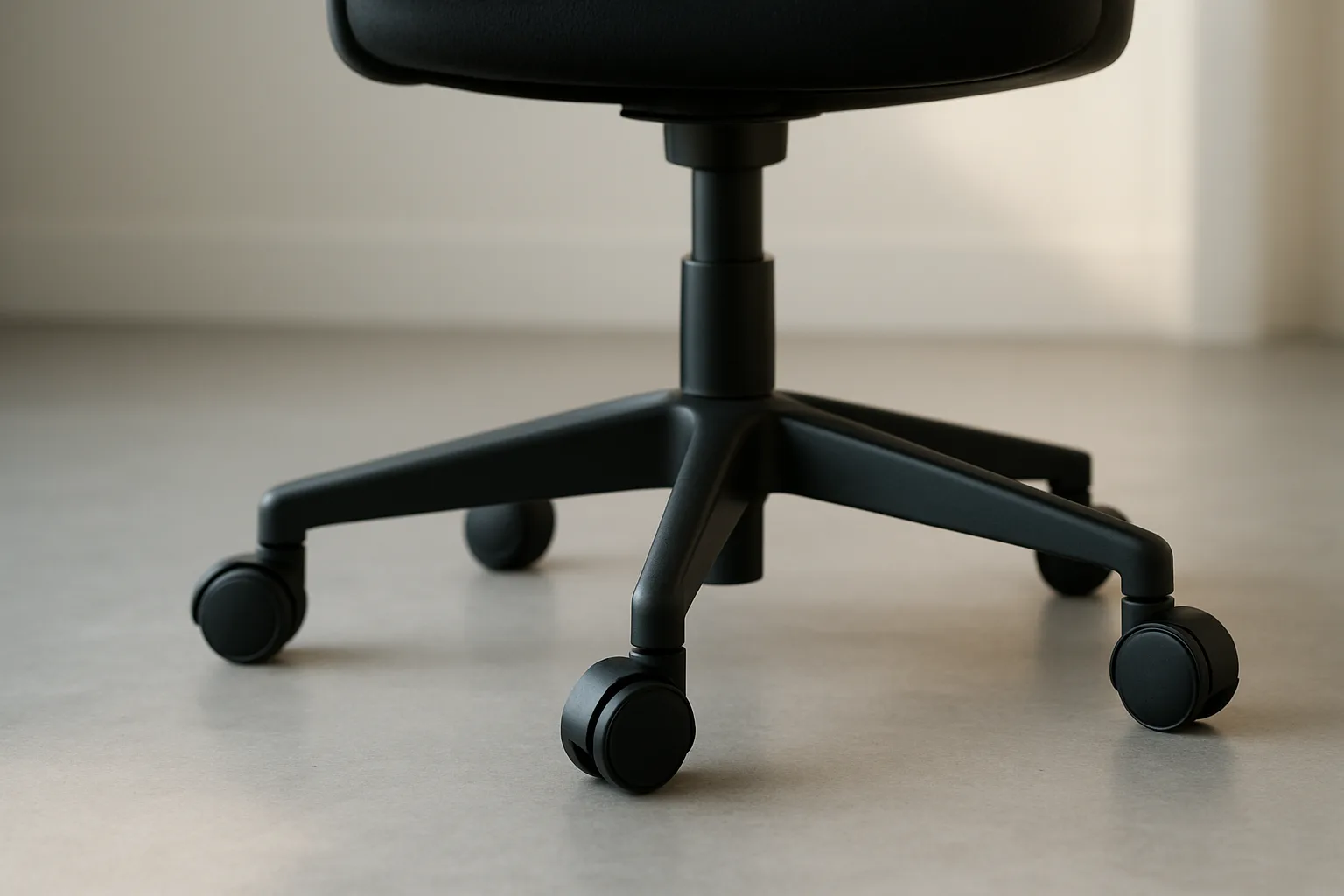 Roulettes d’un fauteuil de bureau posées sur un sol dur, près du piètement.