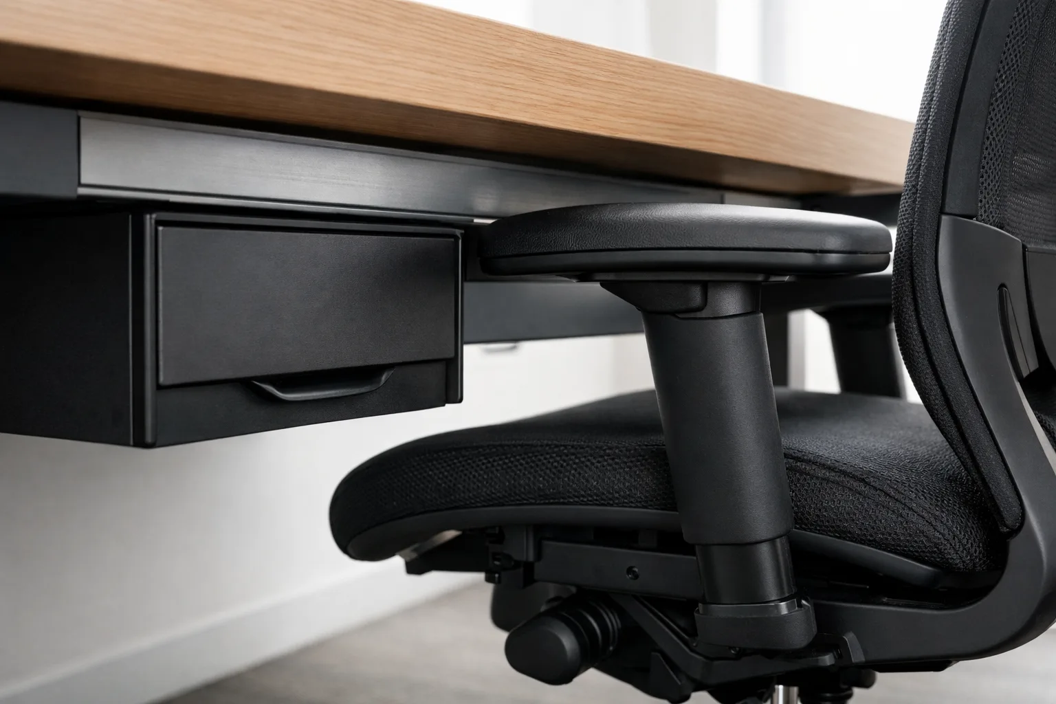 Un accoudoir de fauteuil proche du plateau, avec un tiroir et une traverse visibles sous le bureau.