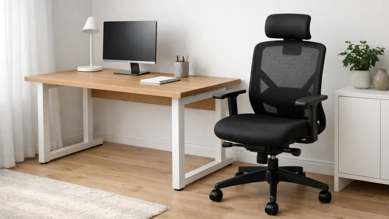 Un fauteuil de bureau placé devant un bureau, avec le piètement et l’espace sous le plateau visibles.