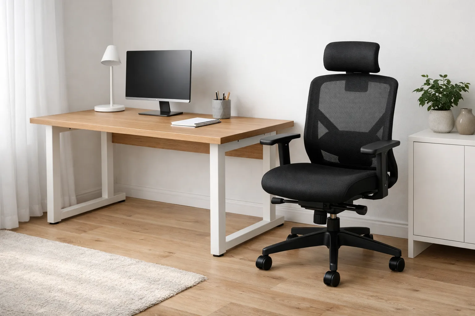 Un fauteuil de bureau placé devant un bureau, avec le piètement et l’espace sous le plateau visibles.