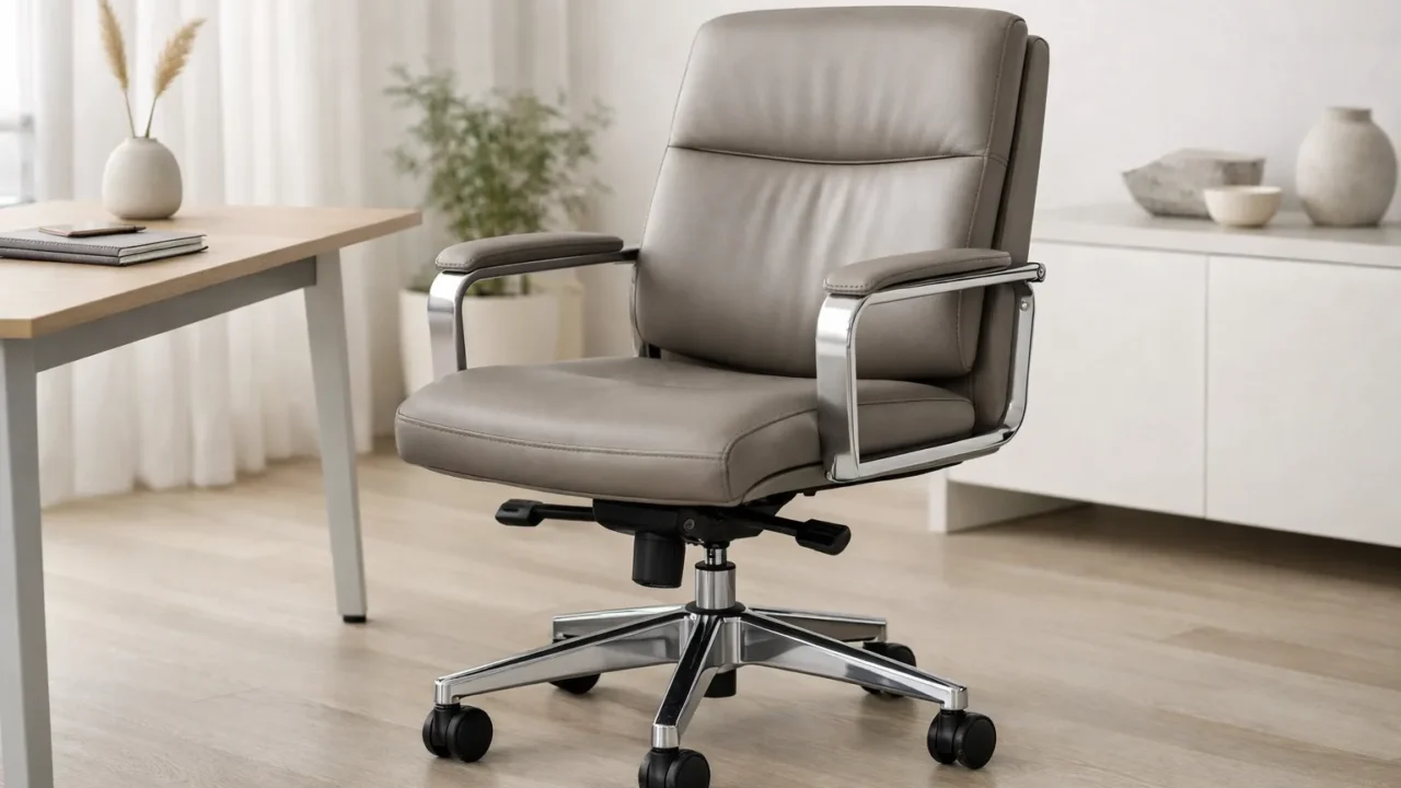 Fauteuil de bureau contemporain vu de trois quarts, avec une assise large et des accoudoirs visibles.