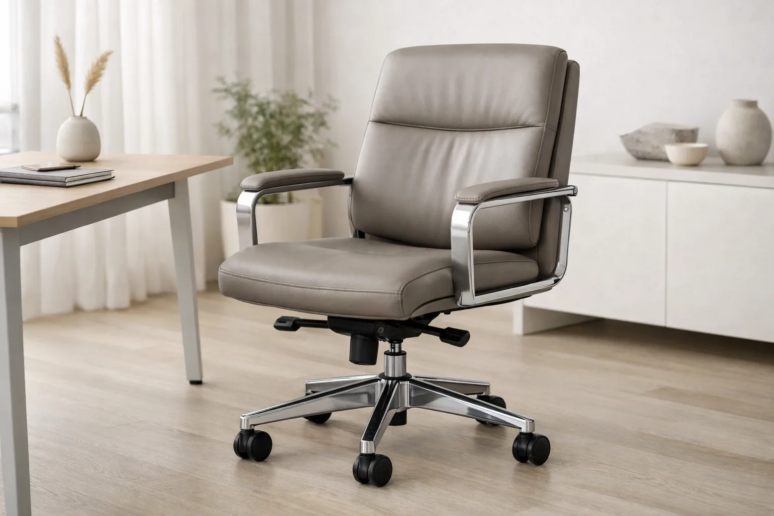 Fauteuil de bureau contemporain vu de trois quarts, avec une assise large et des accoudoirs visibles.