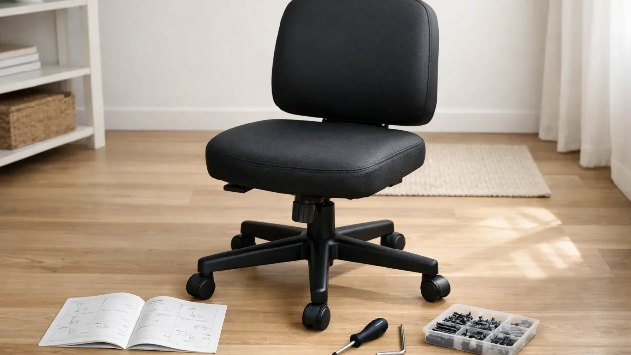 Une chaise de bureau en cours d’assemblage avec sa base étoile, son assise et sa notice posées au sol.