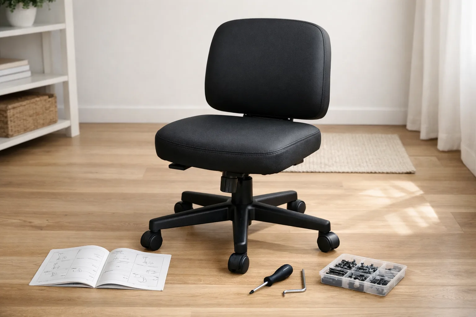 Une chaise de bureau en cours d’assemblage avec sa base étoile, son assise et sa notice posées au sol.