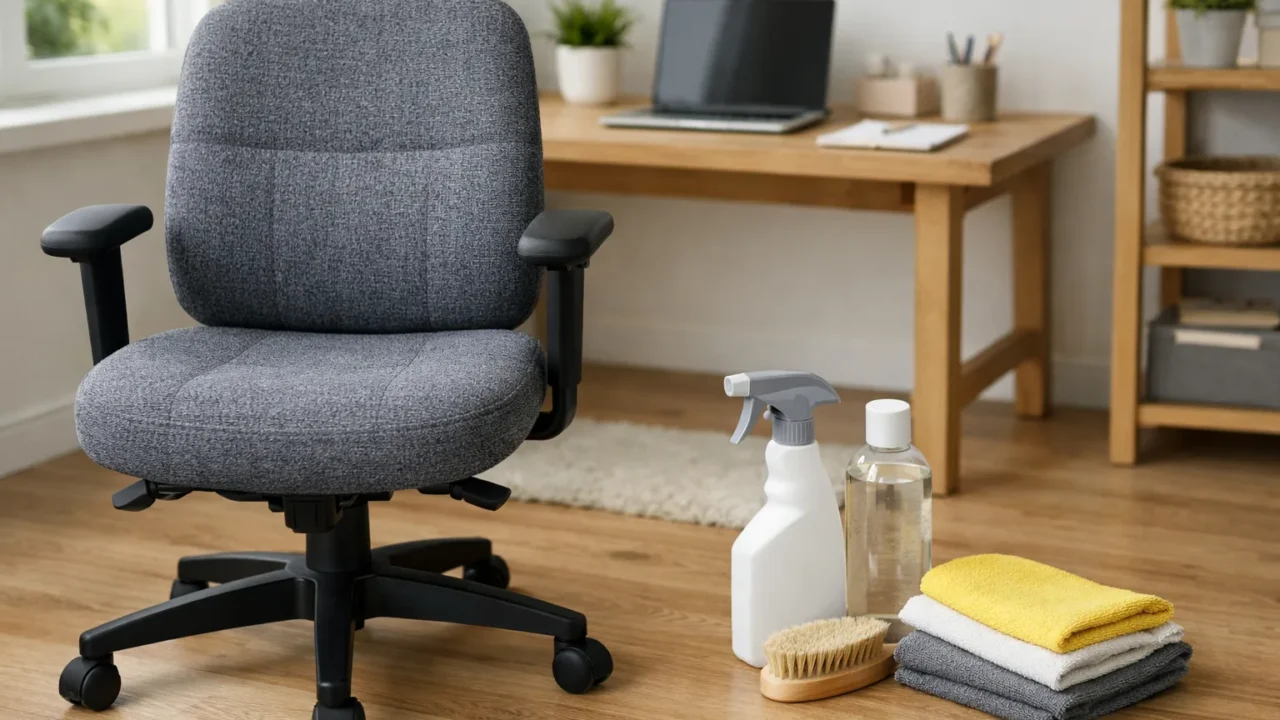Fauteuil de bureau en tissu gris placé près d’un bureau, avec un chiffon propre posé sur l’assise.