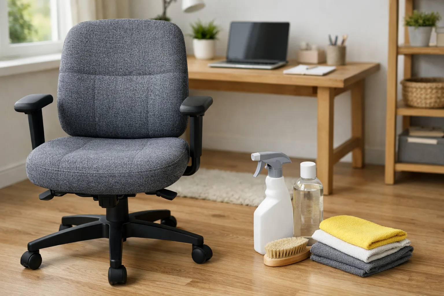 Fauteuil de bureau en tissu gris placé près d’un bureau, avec un chiffon propre posé sur l’assise.