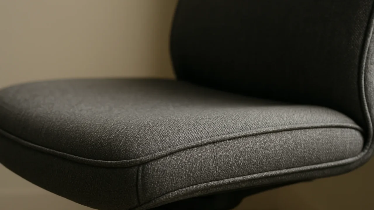 Gros plan sur le passepoil cousu au bord d’une assise de fauteuil de bureau en tissu.