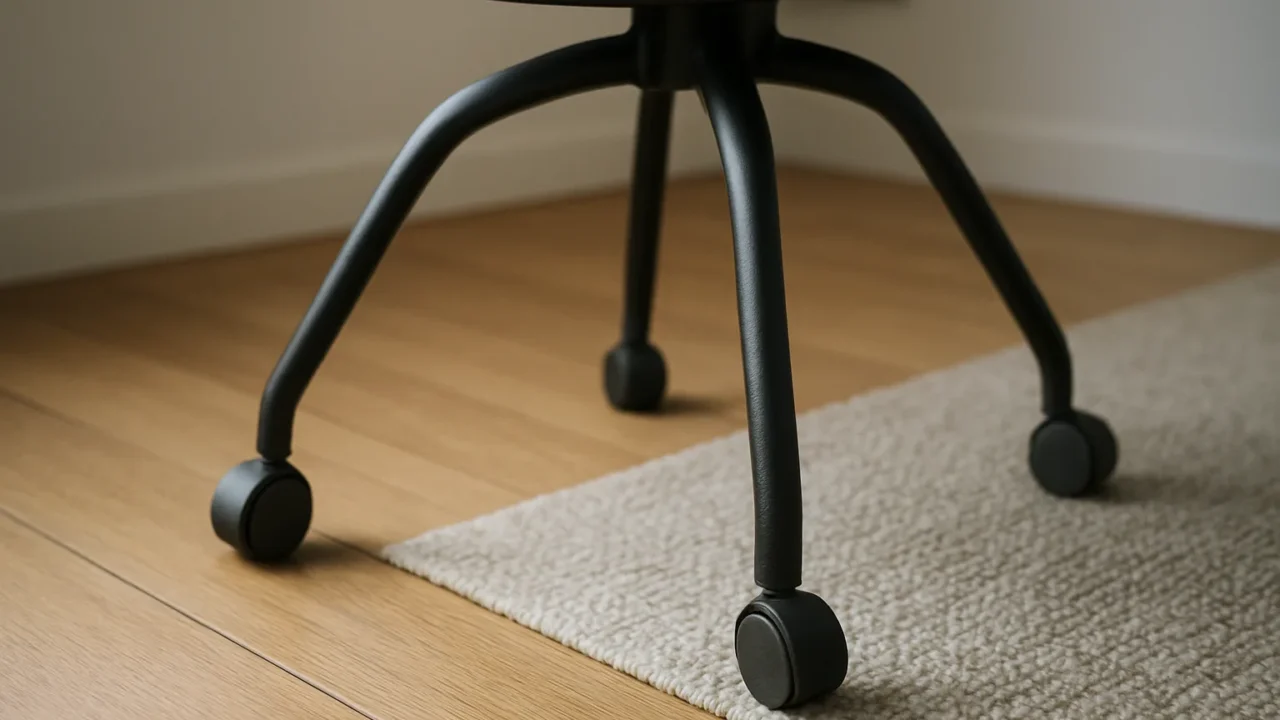 Pieds d'une chaise de bureau équipés de patins posés sur un sol dur près d'un tapis.