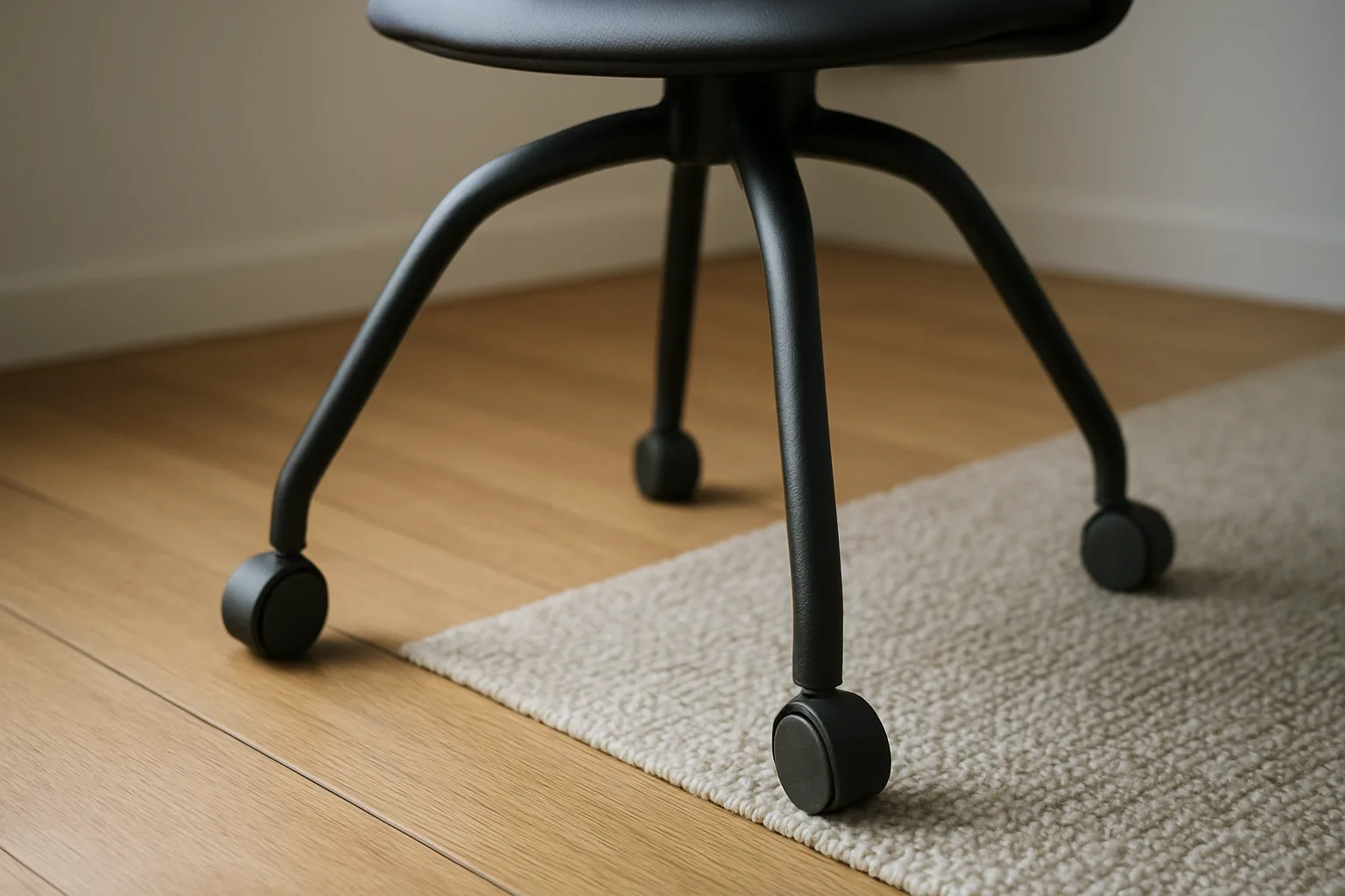 Pieds d'une chaise de bureau équipés de patins posés sur un sol dur près d'un tapis.