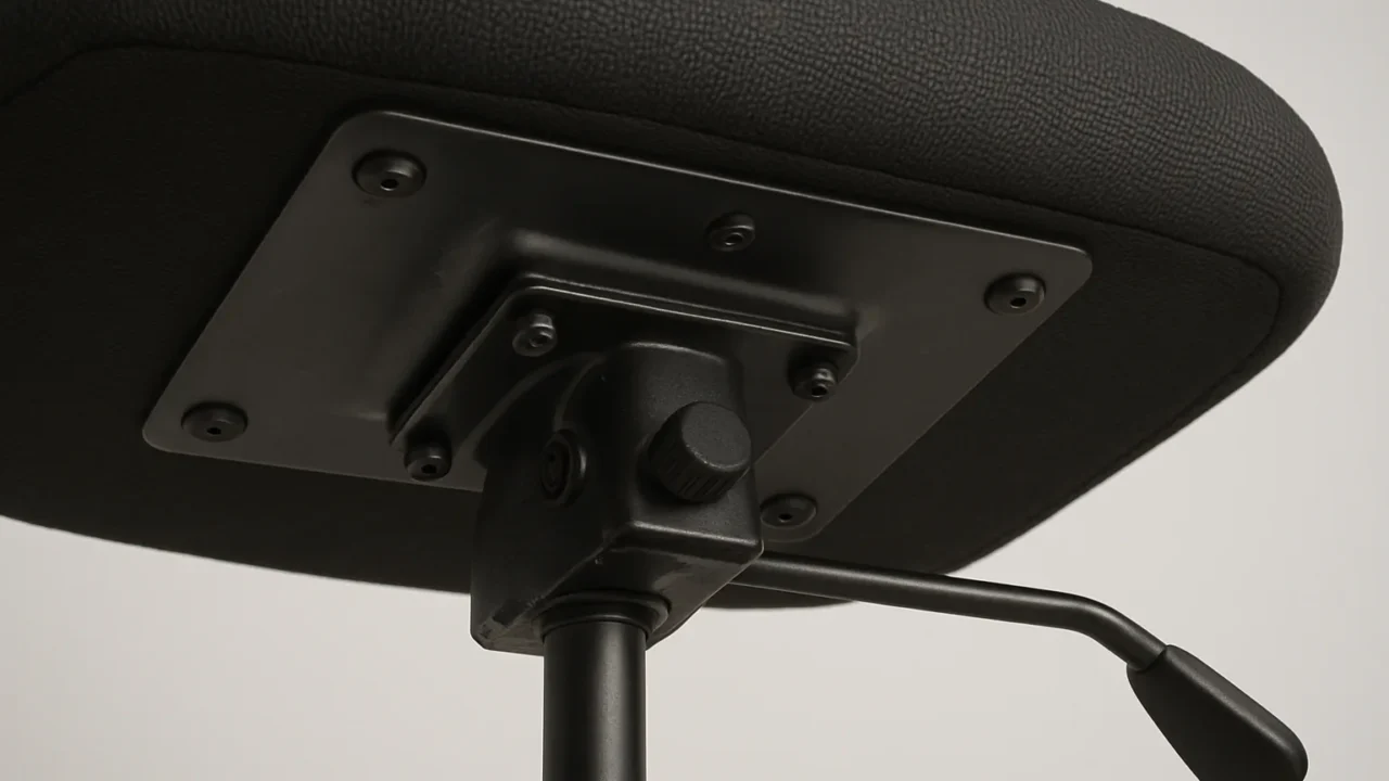 Platine métallique fixée sous l’assise d’un fauteuil de bureau, avec ses perçages et son levier visibles.