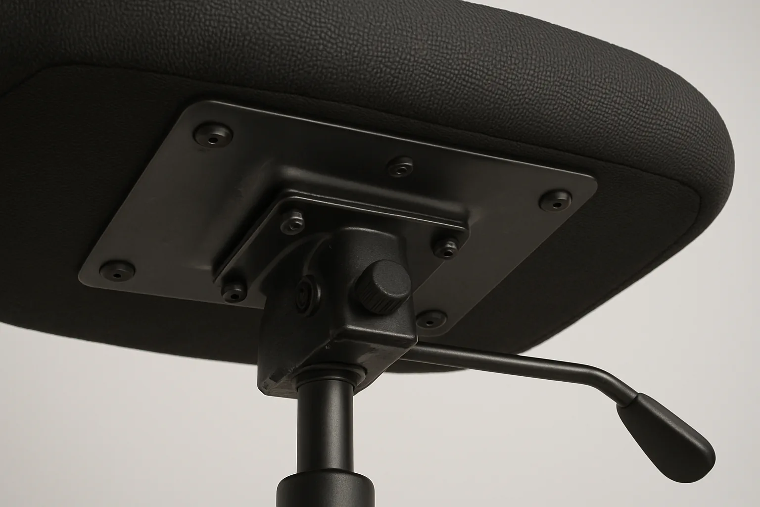 Platine métallique fixée sous l’assise d’un fauteuil de bureau, avec ses perçages et son levier visibles.