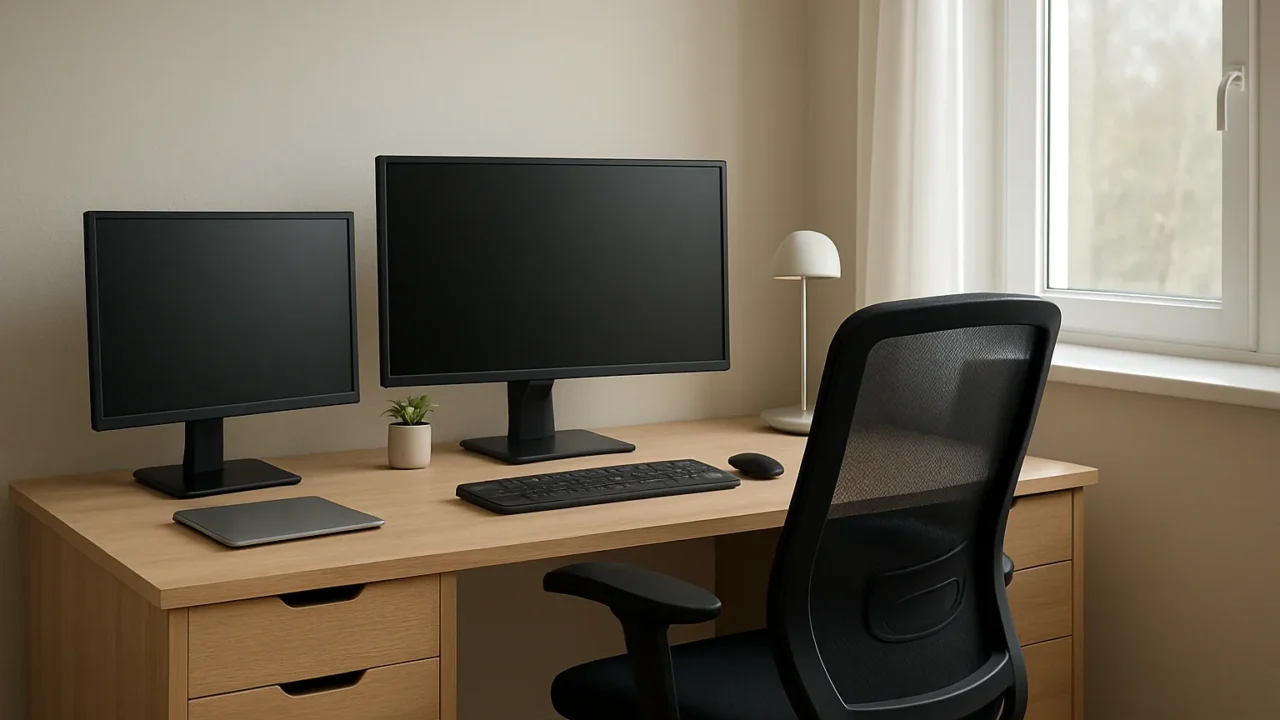 Fauteuil de bureau pivotant placé devant un bureau équipé de deux écrans.