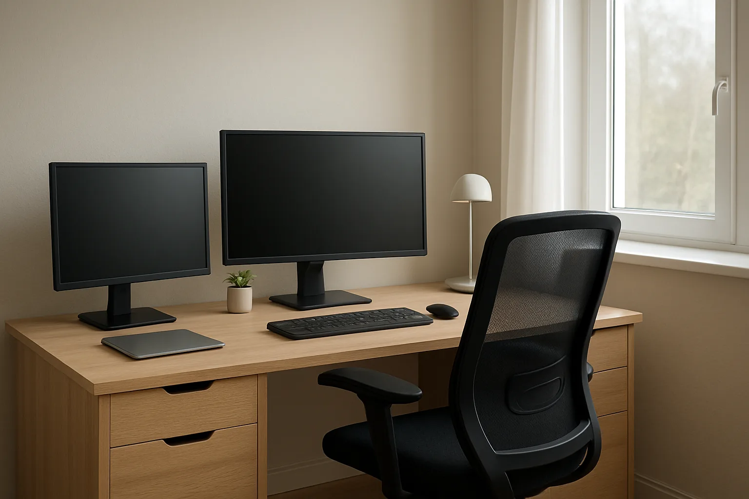 Fauteuil de bureau pivotant placé devant un bureau équipé de deux écrans.