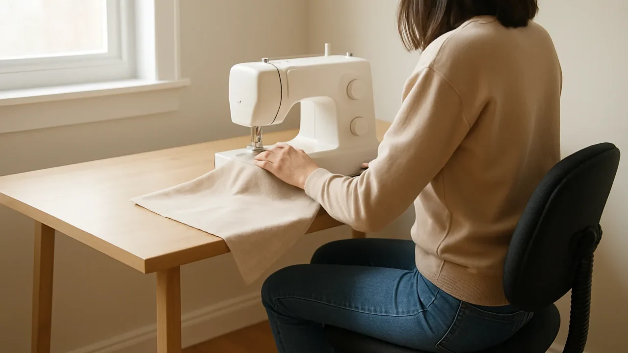 Personne assise sur un siège de bureau devant une machine à coudre installée sur une table.