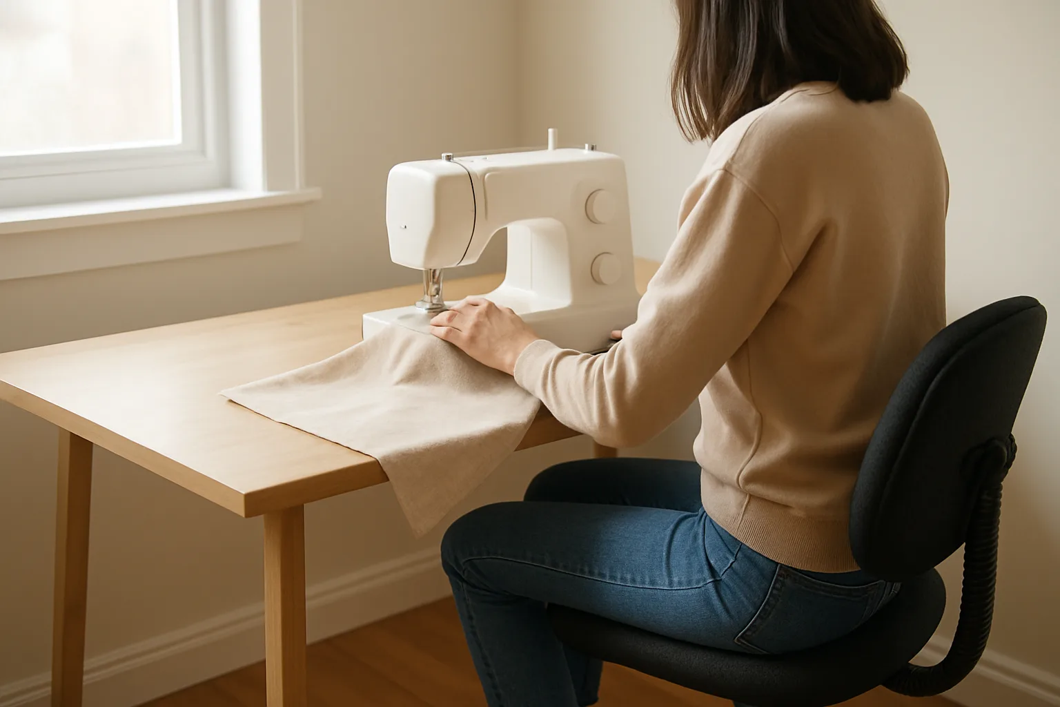 Personne assise sur un siège de bureau devant une machine à coudre installée sur une table.
