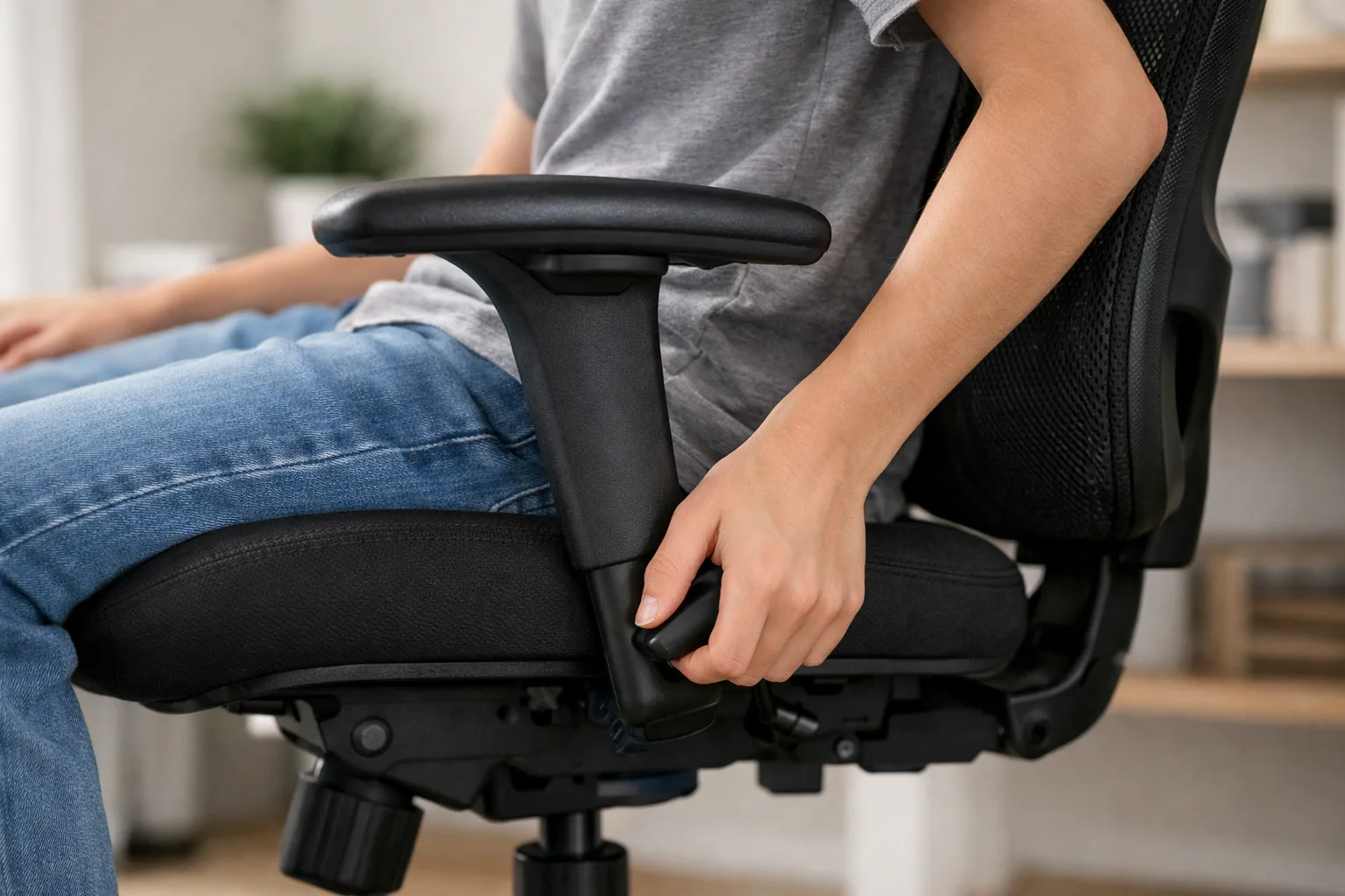 Un adolescent ajuste la hauteur de son siège de bureau à l’aide d’une commande sous l’assise.