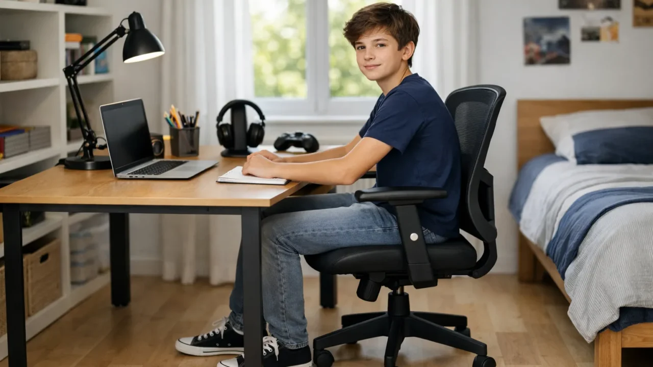 Un adolescent assis sur un siège de bureau réglable devant un bureau dans une chambre.