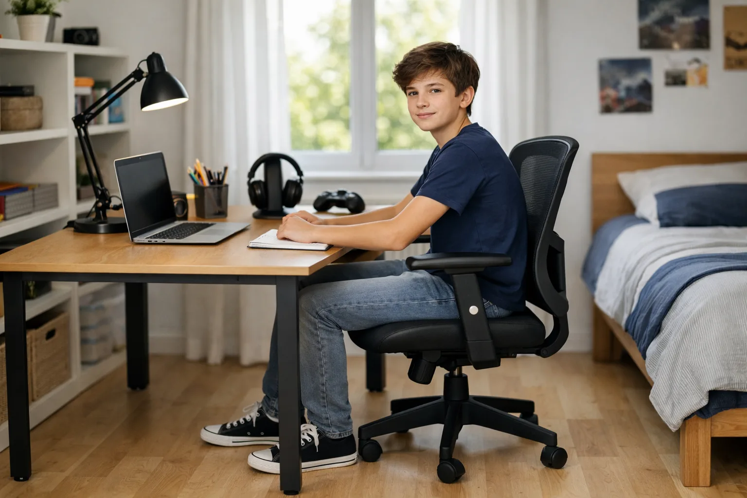 Un adolescent assis sur un siège de bureau réglable devant un bureau dans une chambre.