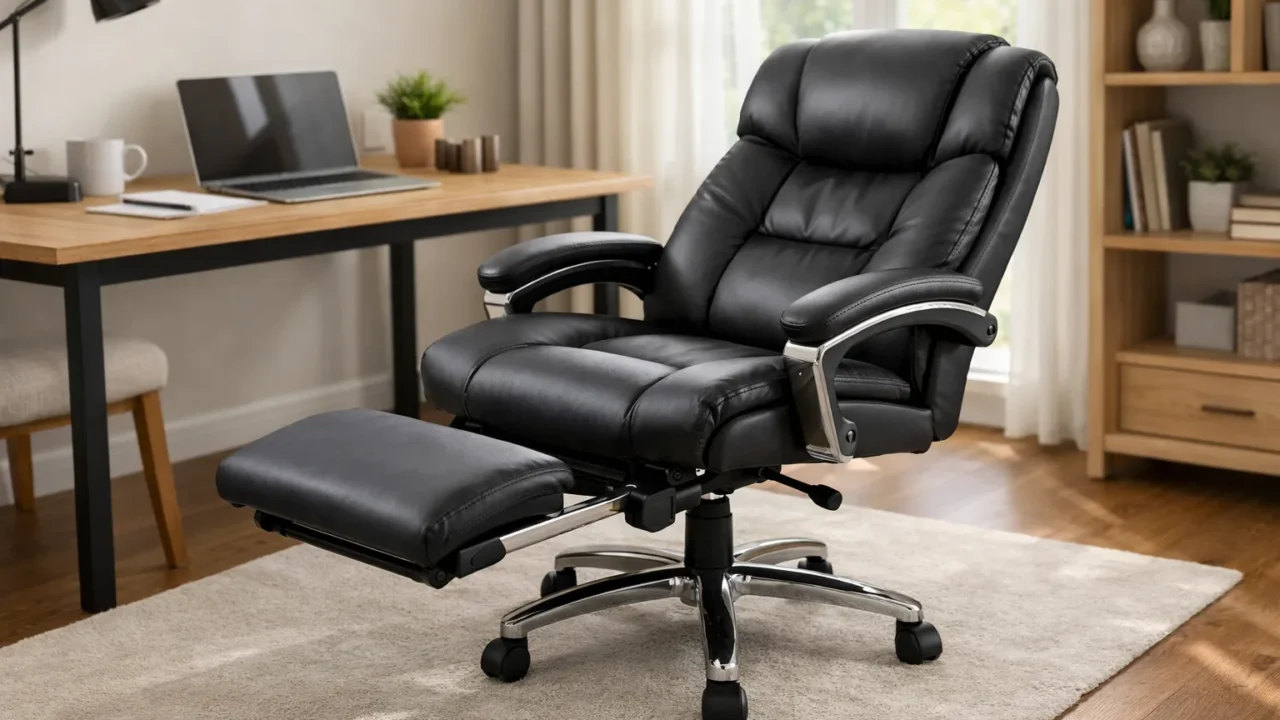 Fauteuil de bureau avec son repose-jambes déployé devant un bureau.