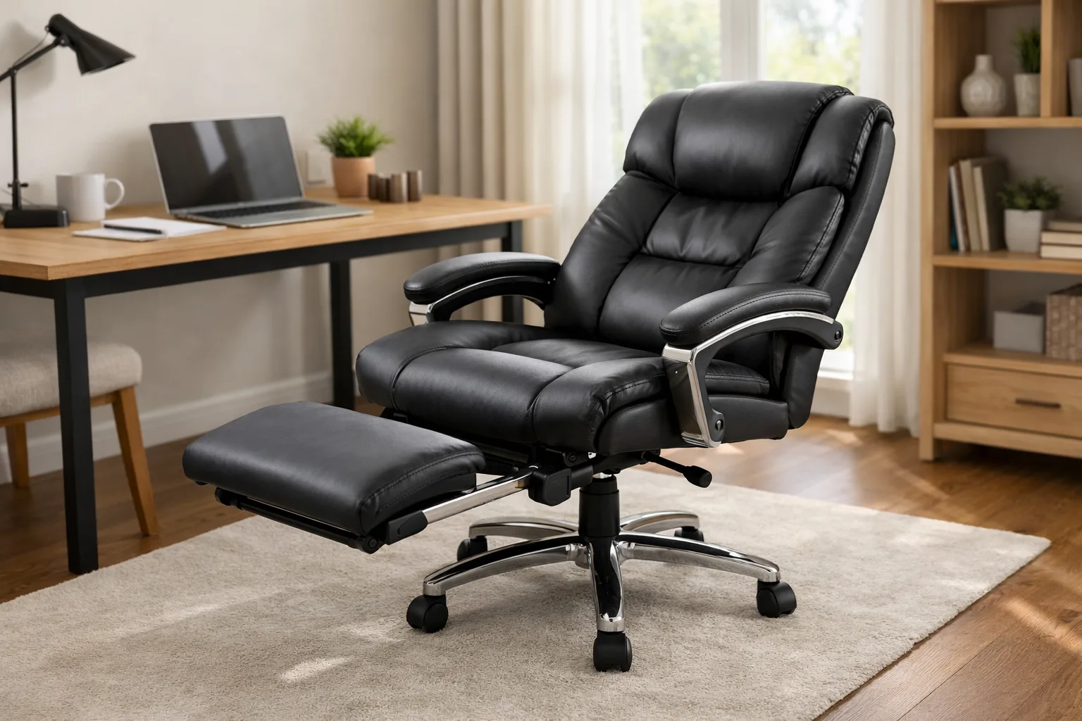 Fauteuil de bureau avec son repose-jambes déployé devant un bureau.