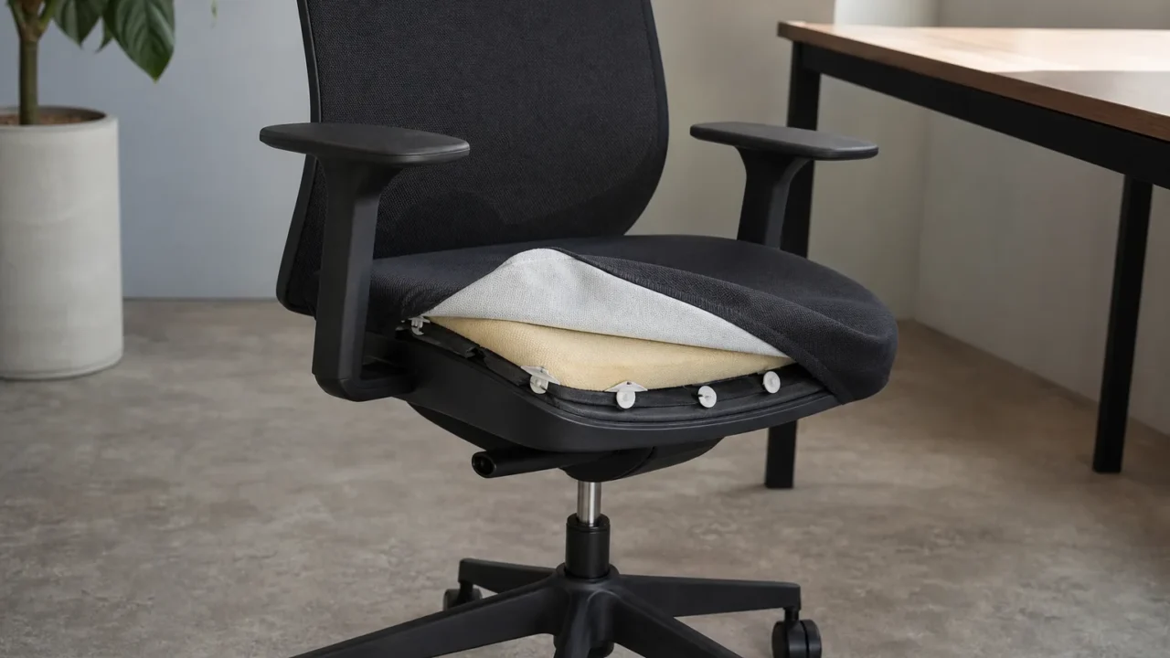 Housse textile soulevée sur l'assise d'un siège de bureau, laissant voir le coussin et les fixations sous le revêtement.
