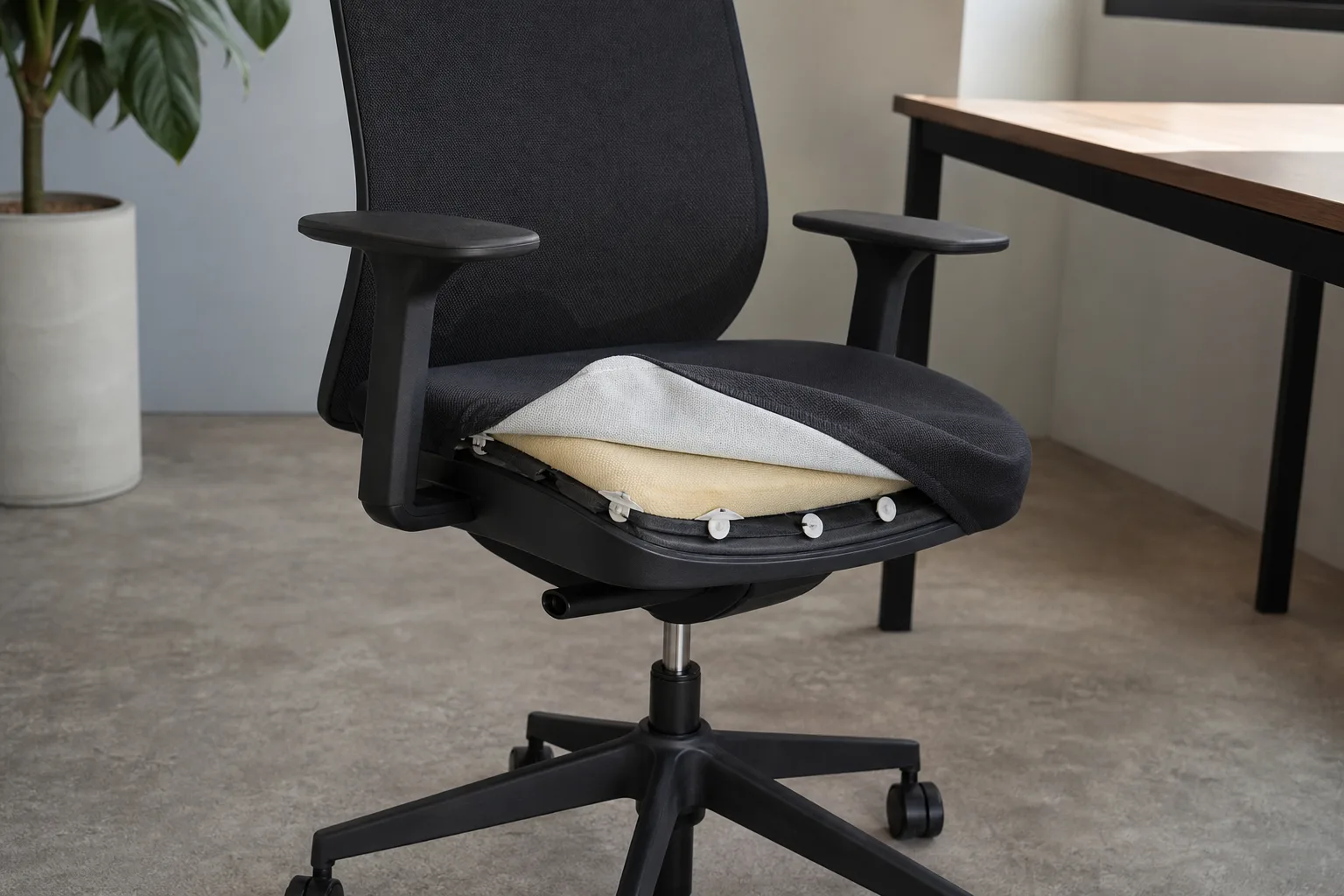 Housse textile soulevée sur l'assise d'un siège de bureau, laissant voir le coussin et les fixations sous le revêtement.