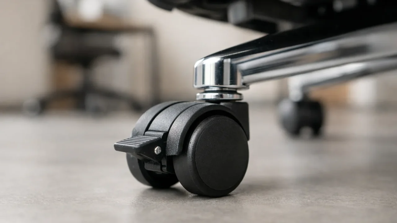 Gros plan sur une roulette freinée montée sous le piètement d’un fauteuil de bureau.