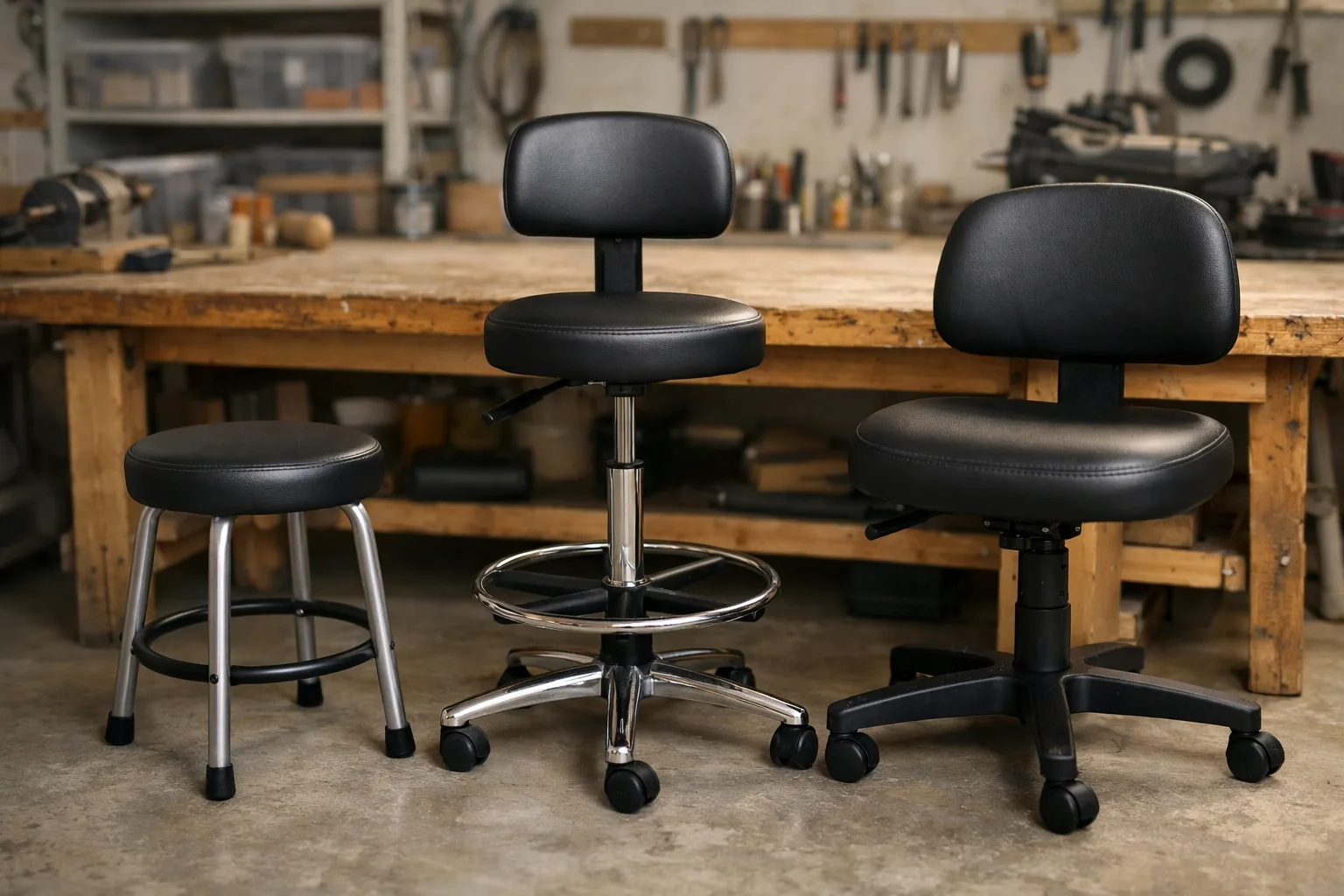 Un tabouret sans dossier, un siège haut à petit dossier et une chaise d’établi sont comparés dans un atelier.