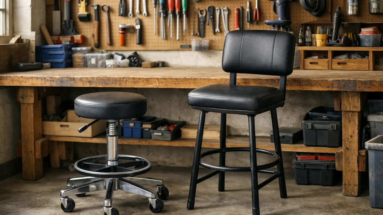 Un tabouret réglable et une chaise haute à dossier sont placés devant un établi dans un atelier.