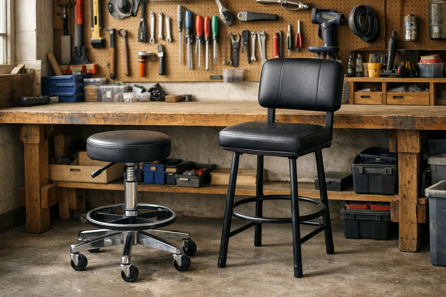 Un tabouret réglable et une chaise haute à dossier sont placés devant un établi dans un atelier.