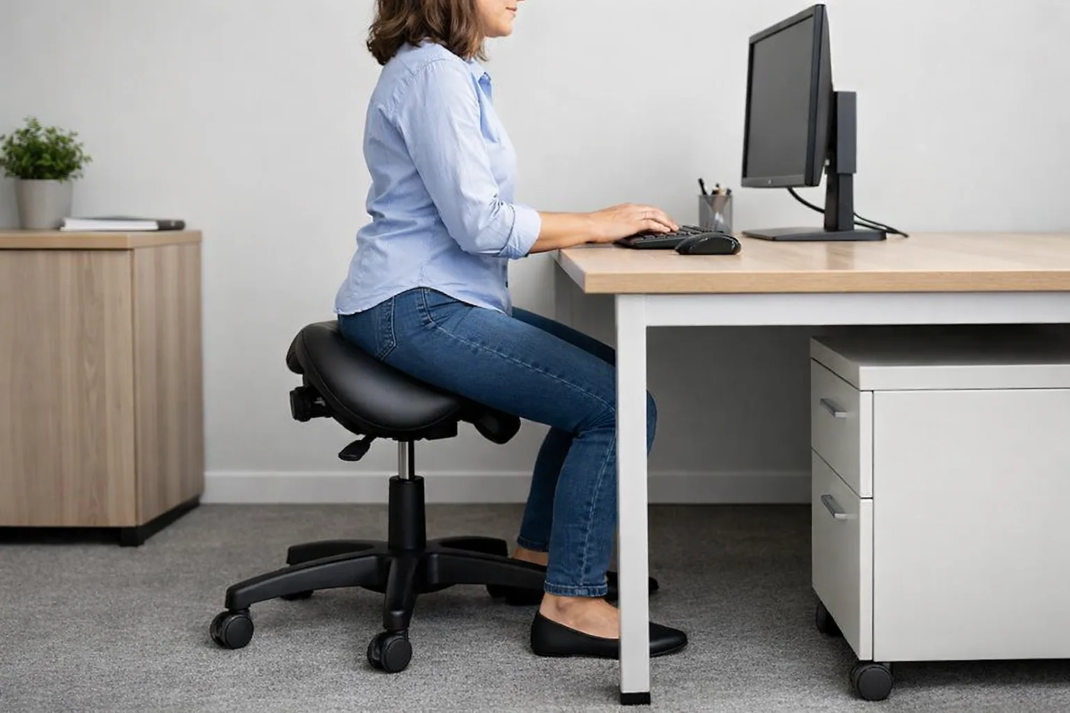 Personne assise sur un siège en selle devant un bureau, les pieds posés au sol.
