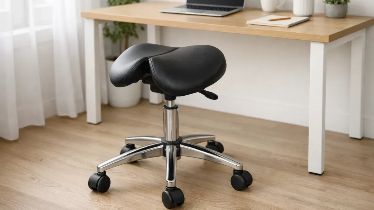 Siège de bureau à assise en selle et piètement à roulettes devant un bureau.