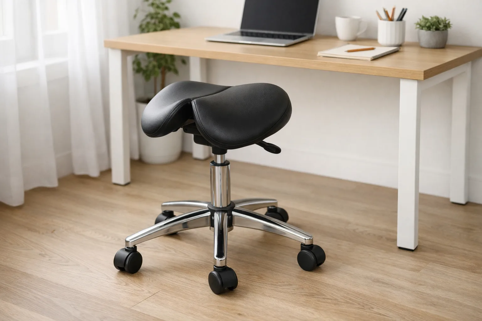Siège de bureau à assise en selle et piètement à roulettes devant un bureau.