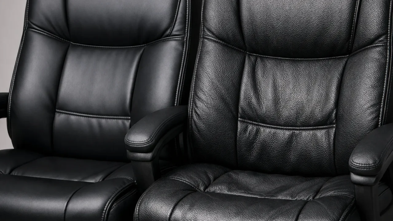 Deux assises de fauteuil de bureau en similicuir noir, l’une lisse et l’autre grainée, avec leurs coutures visibles.