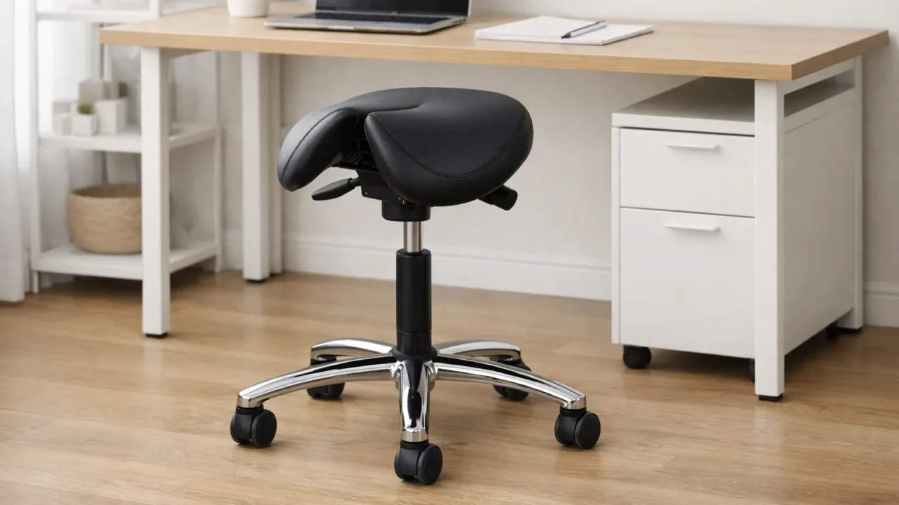 Tabouret de bureau à assise en selle et pied réglable devant un bureau.