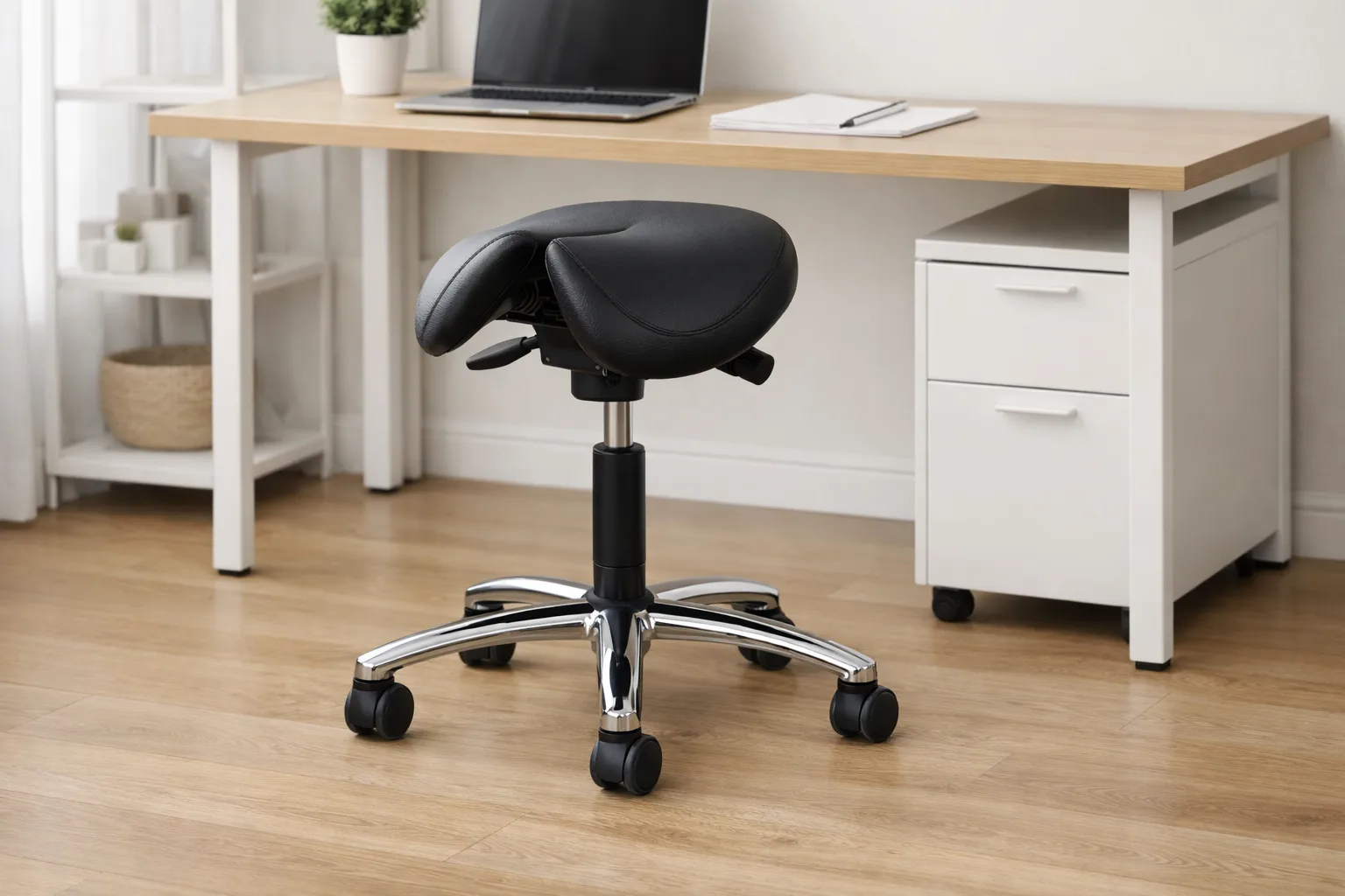 Tabouret de bureau à assise en selle et pied réglable devant un bureau.