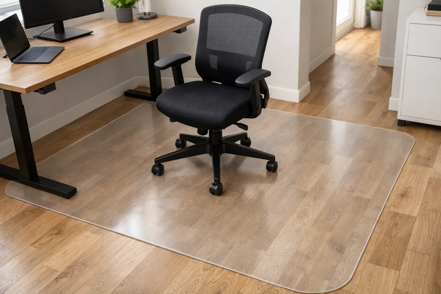 Tapis de protection sous une chaise de bureau, couvrant la zone de recul et de déplacement.