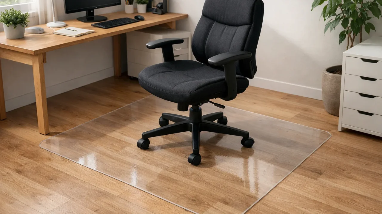 Chaise de bureau à roulettes installée sur un tapis transparent posé sur un sol en bois clair.