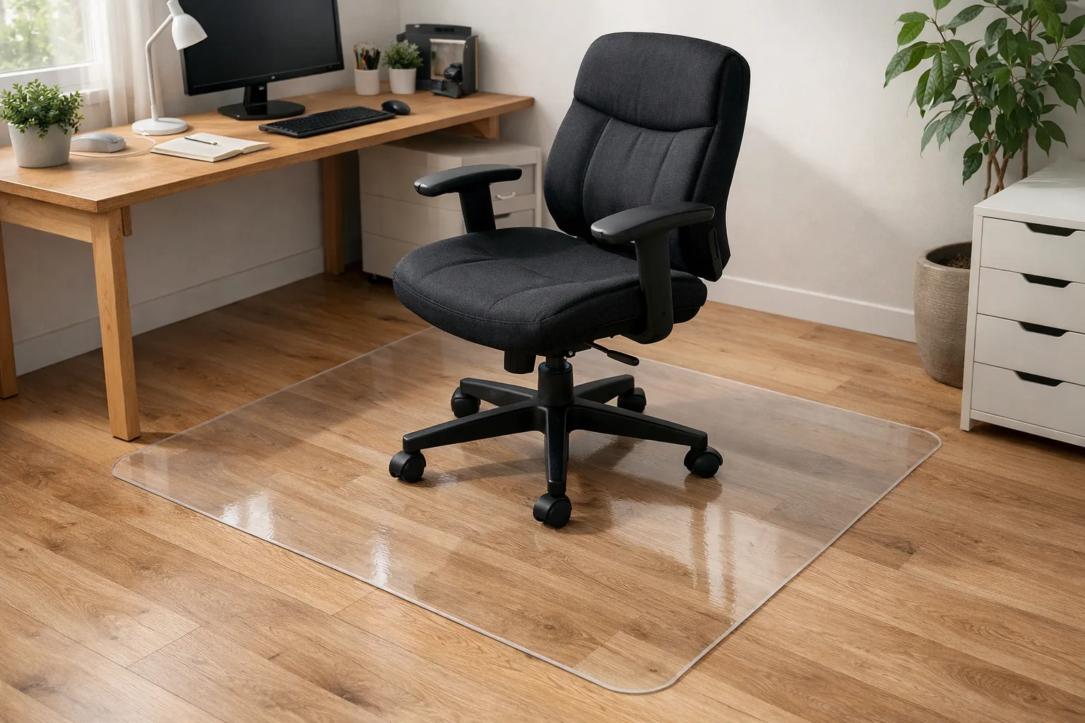 Chaise de bureau à roulettes installée sur un tapis transparent posé sur un sol en bois clair.