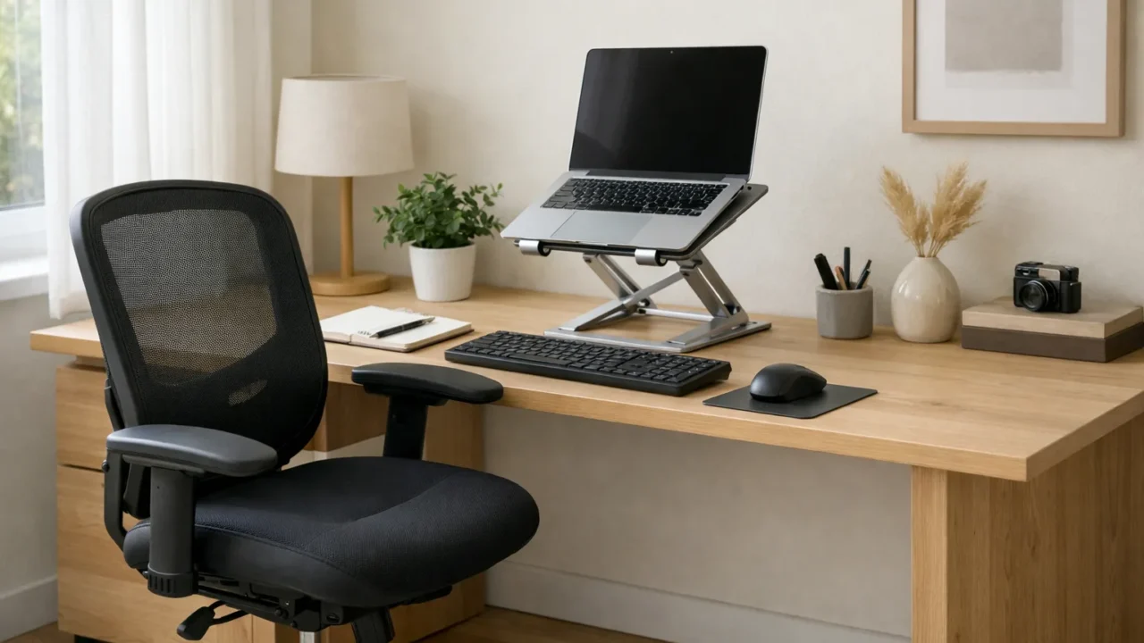 Fauteuil de bureau placé devant un ordinateur portable surélevé, avec un clavier et une souris sur le bureau.