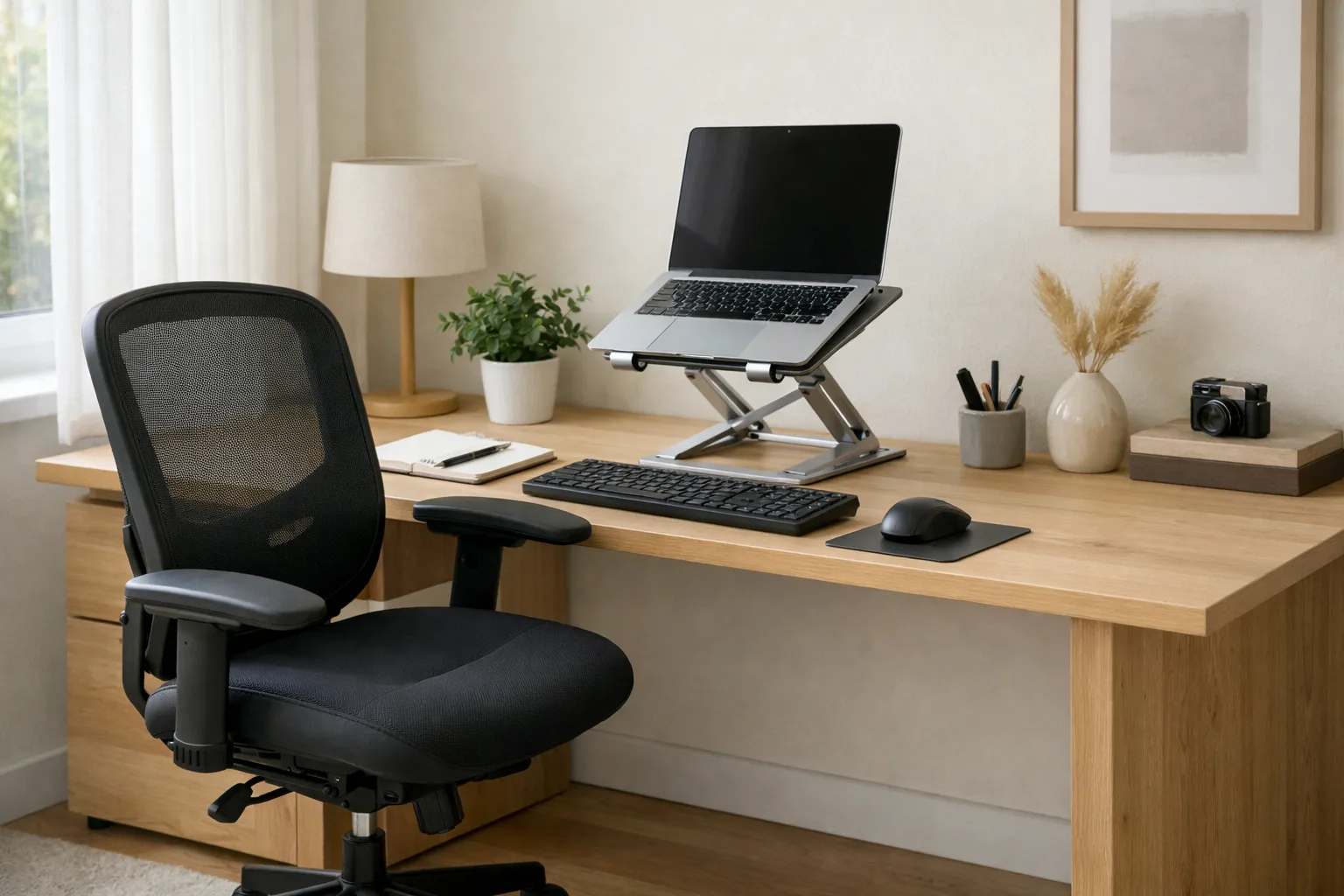Fauteuil de bureau placé devant un ordinateur portable surélevé, avec un clavier et une souris sur le bureau.